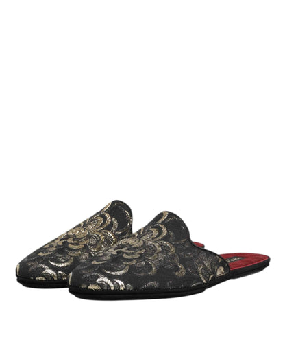 Dolce & Gabbana Slides Jacquard – Zwart Bloemenpatroon