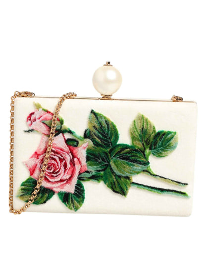 Dolce & Gabbana Rozenborduur Zijde Clutch Gouden Frame Wit