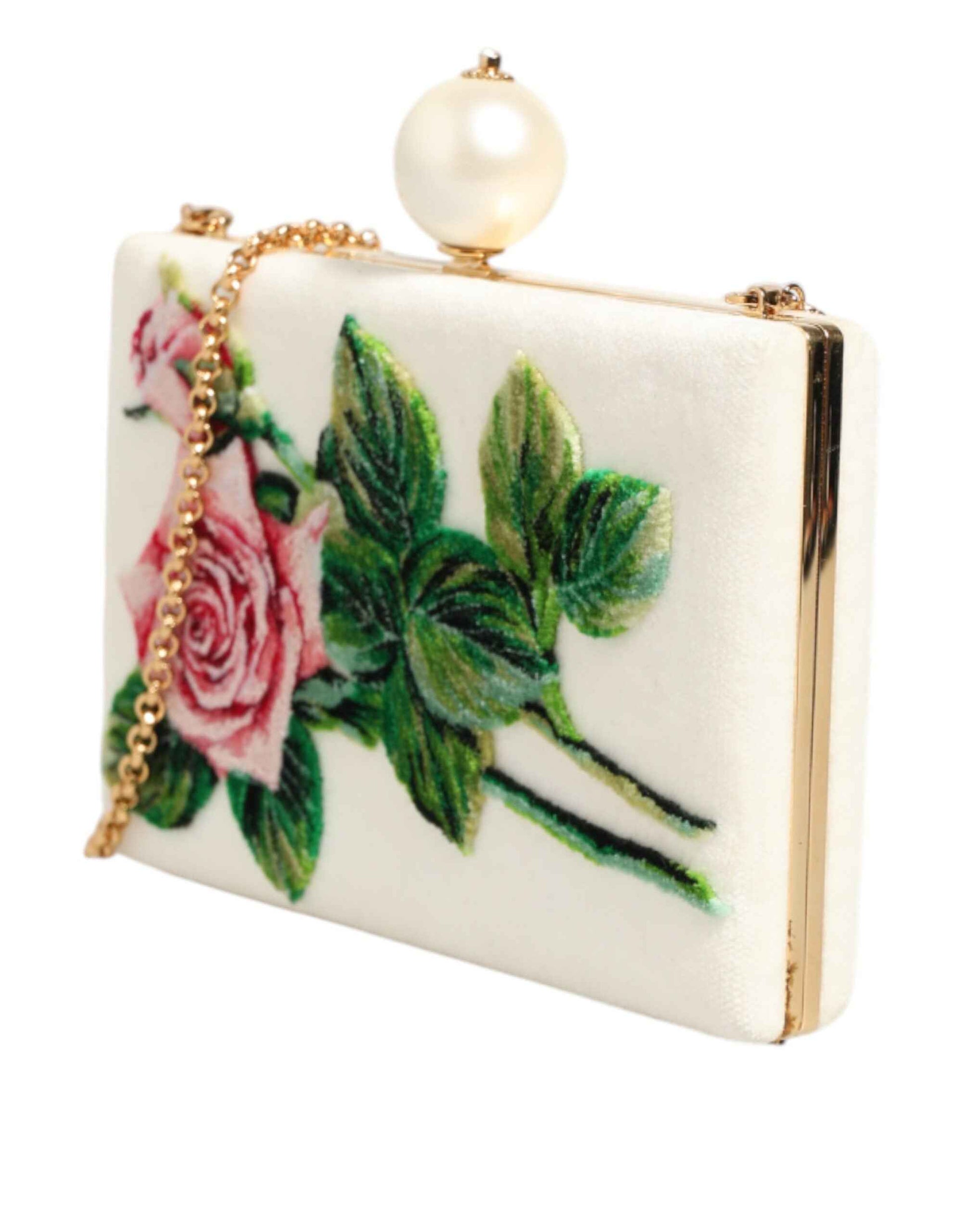 Dolce & Gabbana Rozenborduur Zijde Clutch Gouden Frame Wit