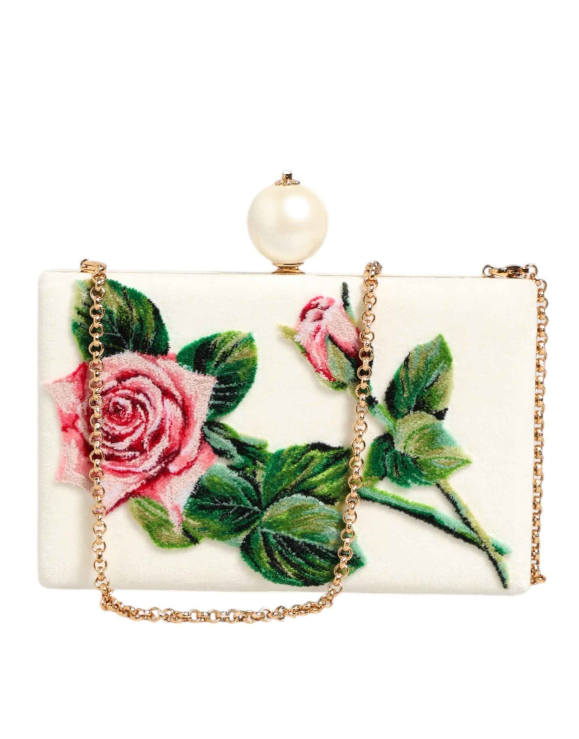 Dolce & Gabbana Rozenborduur Zijde Clutch Gouden Frame Wit