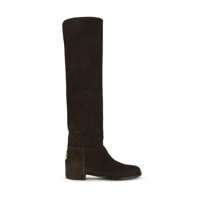 Dolce & Gabbana Suede High Boots Donkerbruin Gouden DG Logo