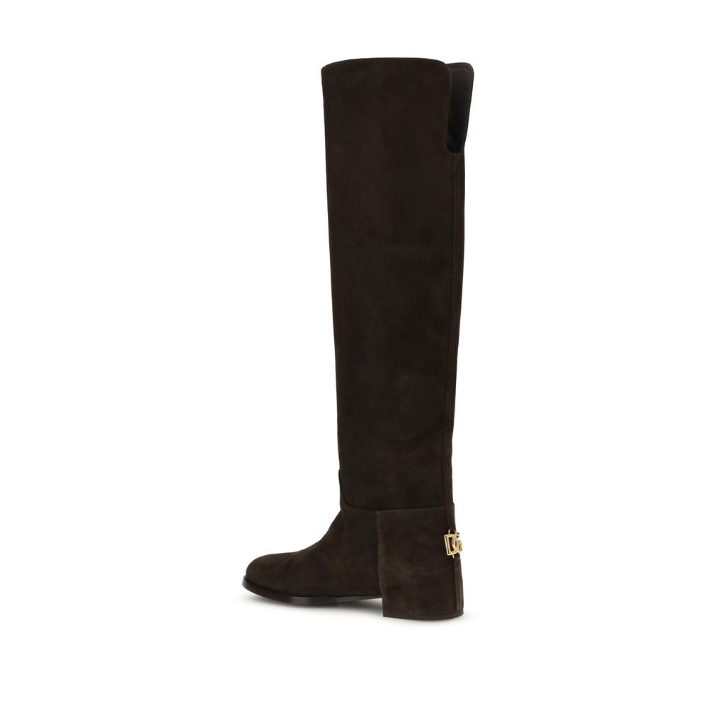 Dolce & Gabbana Suede High Boots Donkerbruin Gouden DG Logo