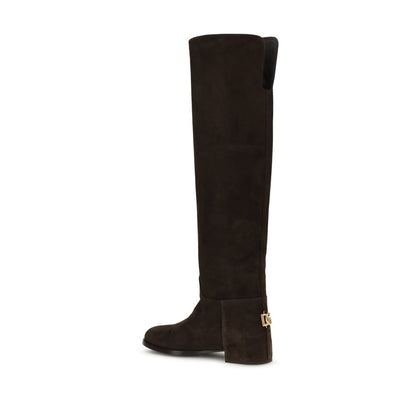 Dolce & Gabbana Suede High Boots Donkerbruin Gouden DG Logo