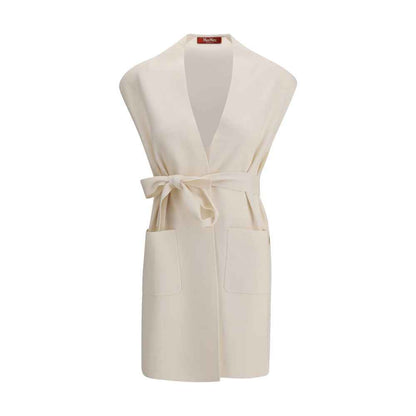 Max Mara Abete Wol Long Vest Beige Met Afneembare Strikriem